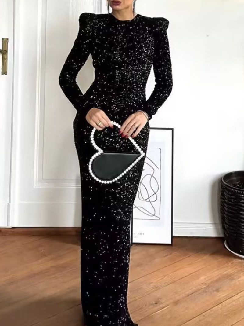 low back sequin dress long sleeves Sparkly Deep Low Back Long Sleeve Glitter Gown Dress – sunifty