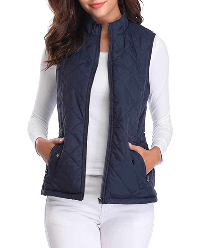 Quilted Cotton Zip Up Plaid Puffer Womens Vest