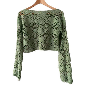 Cute Crochet Knit Flower Mesh Long Sleeve Crop Top Blouses