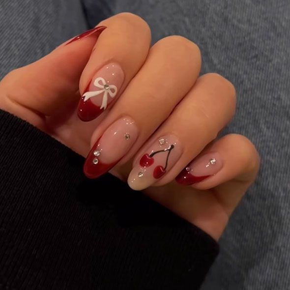 Summer Diamonds And 3D Cherry Bow Knot French Acrylic Nails