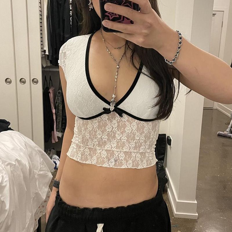 Contrast Trimmed Bow Knot Mesh Black Lace Belly Crop Top