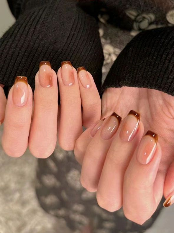 10 PCS Coffee Brown Coffin Shaped Acrylic Nails French Tip