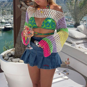 See Through Fish Net Crop Top Crochet Knit Cropped Blouse