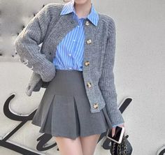 Grey Ribbed Knit Cardigan Round Neck Button Sweater Knitwear