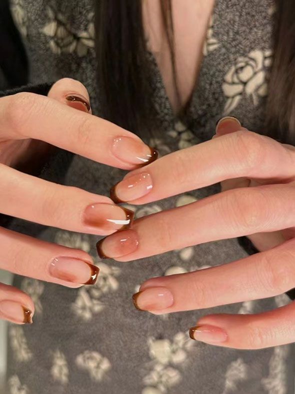 10 PCS Coffee Brown Coffin Shaped Acrylic Nails French Tip