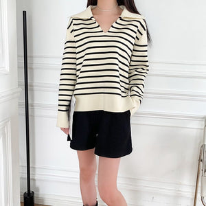 White Black Block Stripe Knit Cotton Jumper Pullover Sweater With Collar