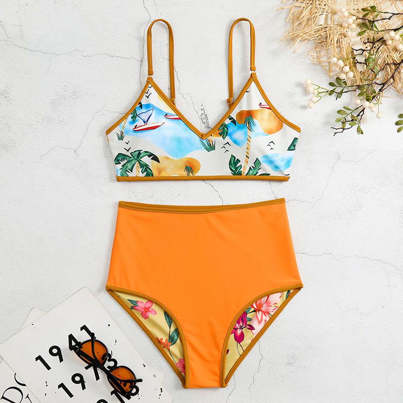 Reverse Two Sides Block Trim Tropical Floral High Waist Tummy Control Swim Suit