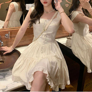 Cottage Core Fairy Thick Strap White Princess Dress With Ruffles