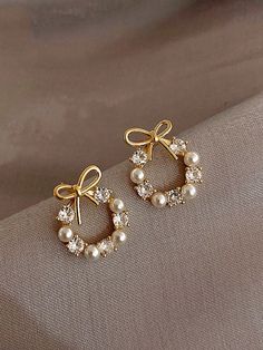 Ribbon Bow Knot Stud Pearl Diamond Earrings Woth Bows