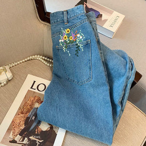 Ultra High-Rise Medium Wash Floral Embroidered Dad Jeans