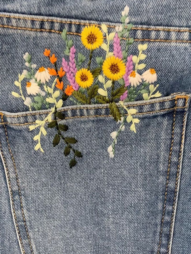 Aesthetic Floral Embroidered Flowers Pocket Jeans Casual Pants