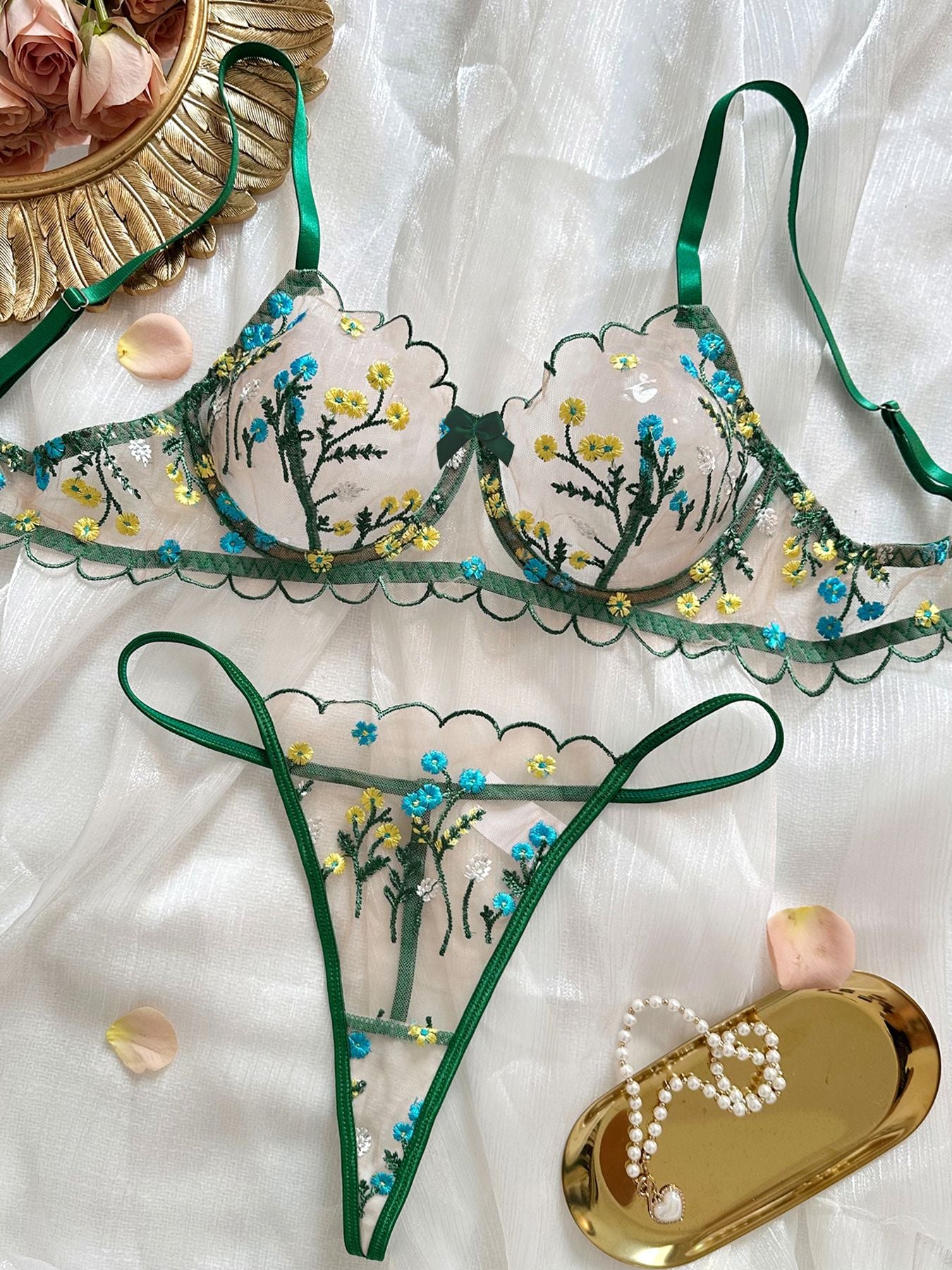 Sexy Honeymoon Floral Embroidery Lace Bralette Set