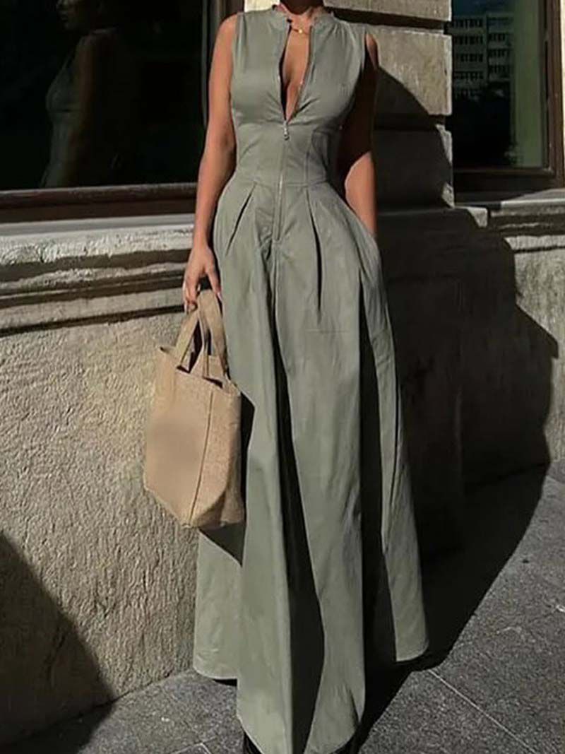 Modest Slimming Sleeveless Long dress With Zip At Front