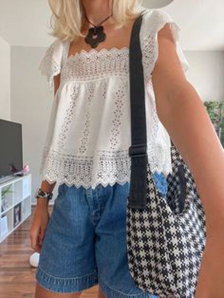 Tummy Hide Eyelet Crochet Lace Peplum Hem Blouse Tops