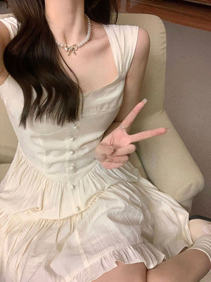 Cottage Core Fairy Thick Strap White Princess Dress With Ruffles