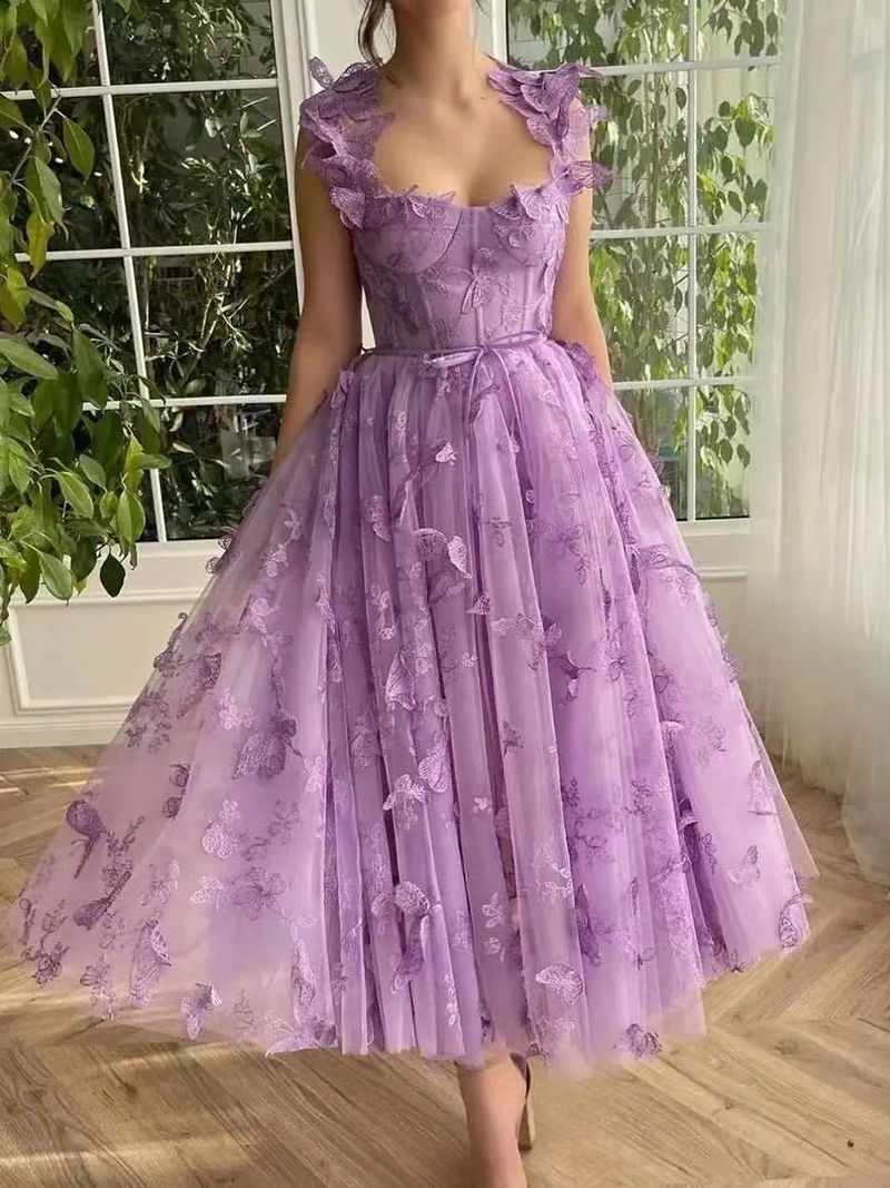 Aesthetic 3D Crochet Butterly Embroidered Tulle Prom Dress