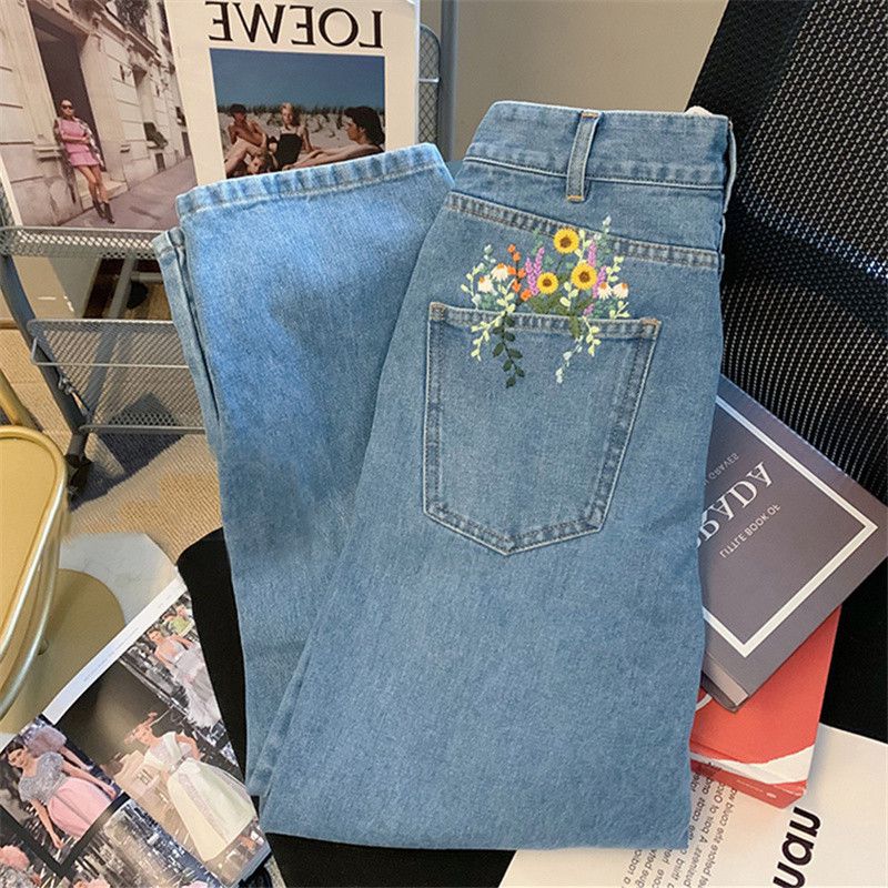 Aesthetic Floral Embroidered Flowers Pocket Jeans Casual Pants