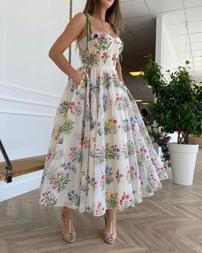 knee length dresses for ladies Women's white floral mesh dress – Newbie main image 0