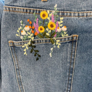 Aesthetic Floral Embroidered Flowers Pocket Jeans Casual Pants