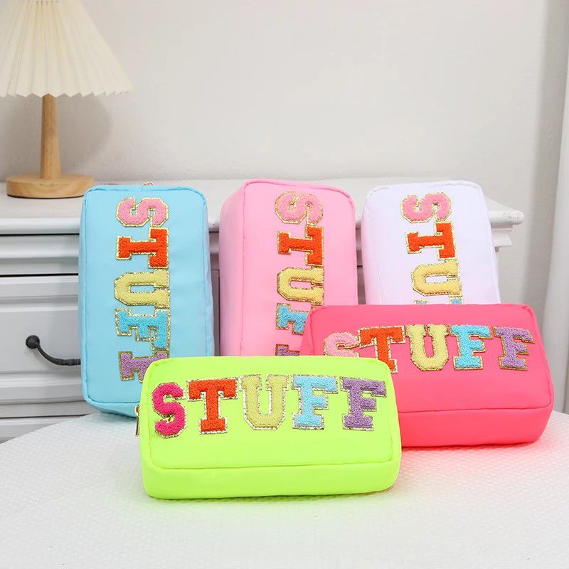 Fuzzy Letters Embroidered Faux Leather Makeup Cosmetic Bag