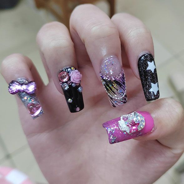 Y2K Glitter Pink Long Coffin Acrylic Nails