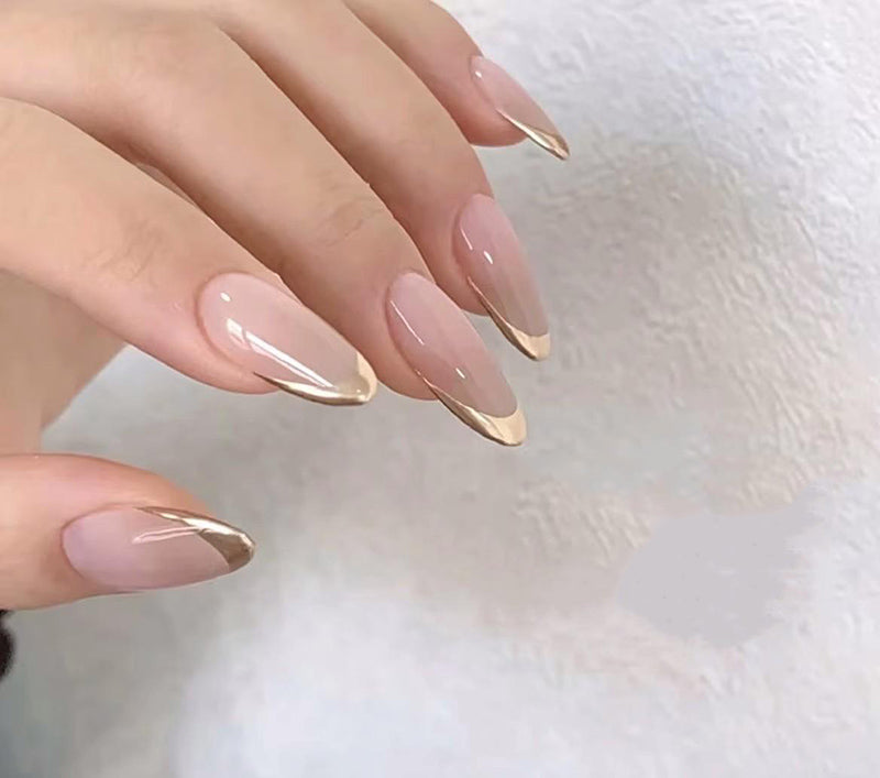 10pcs Gold Edge Almond French Tip Acrylic Fake Nails
