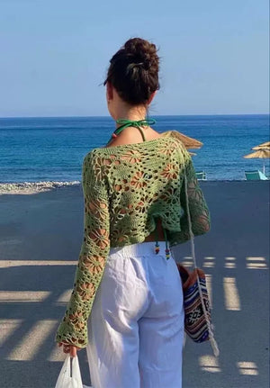 Cute Crochet Knit Flower Mesh Long Sleeve Crop Top Blouses