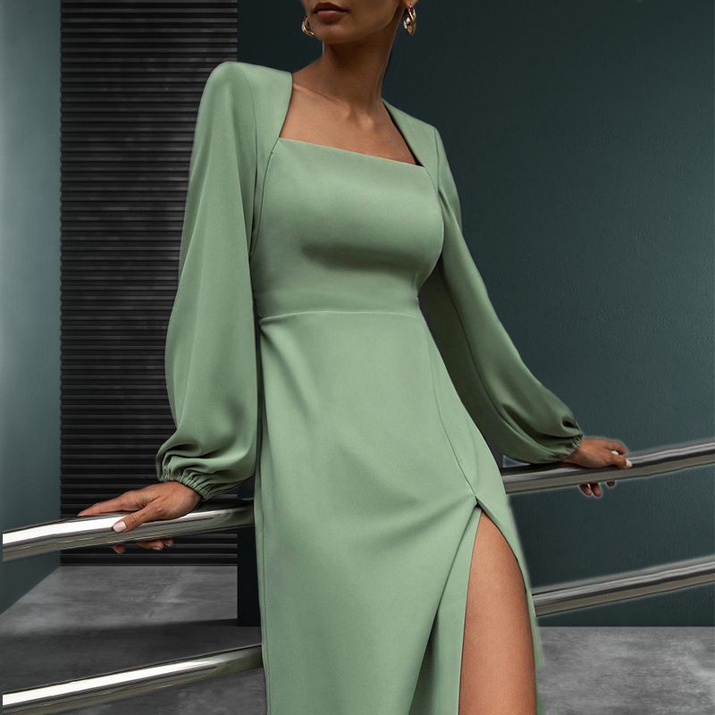 Casual Lantern Long Sleeve Slit Midi Dress