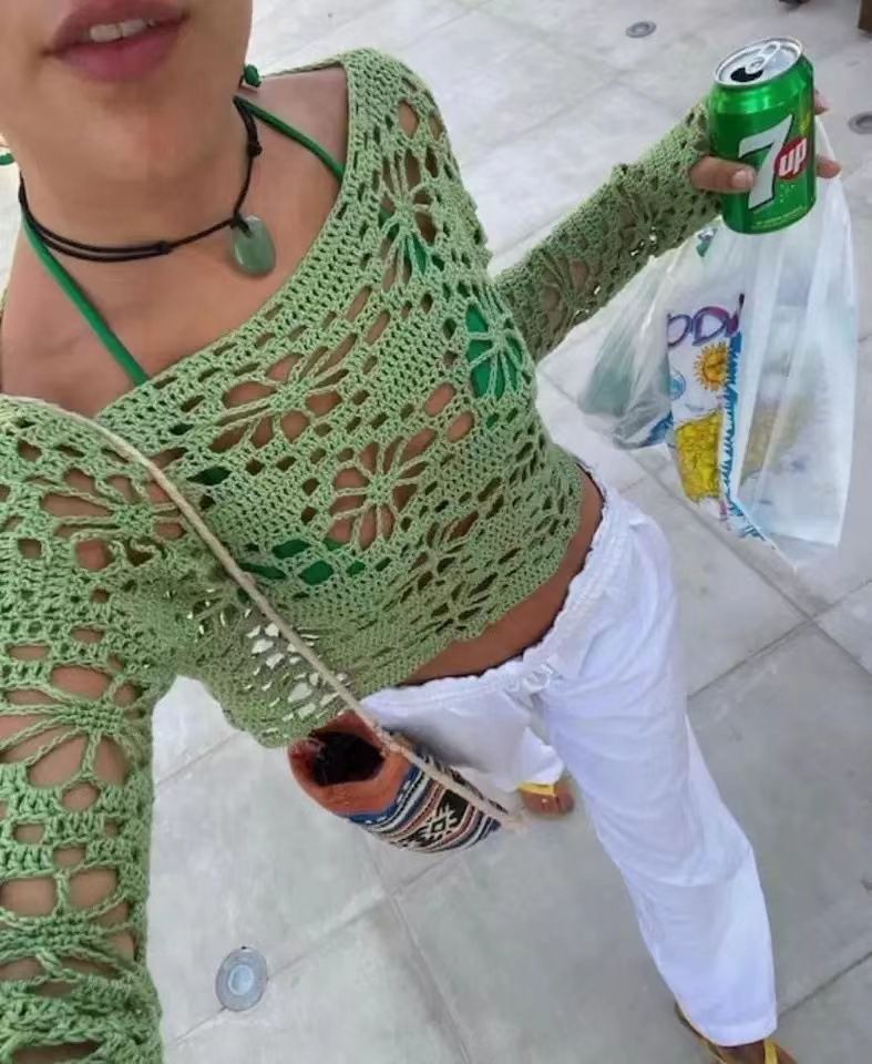 Cute Crochet Knit Flower Mesh Long Sleeve Crop Top Blouses