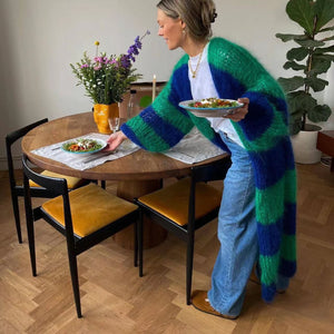 Furry Multi Stripes Chunky Knit Slouchy Long Cardigan Lantern Sleeve Coat