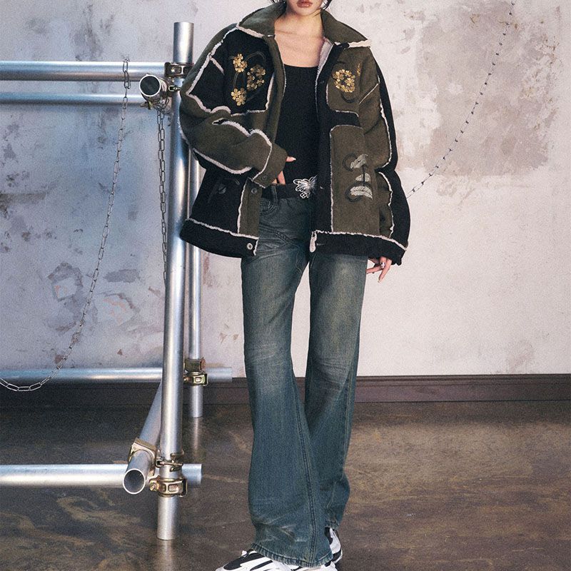 Colorblock Embroidery Suede Shearling Bomber Jacket