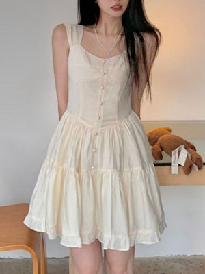 Cottage Core Fairy Thick Strap White Princess Dress With Ruffles
