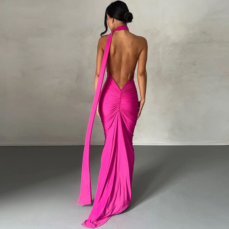 Formal One Shoulder Shirred Backless Maxi Dress Gown