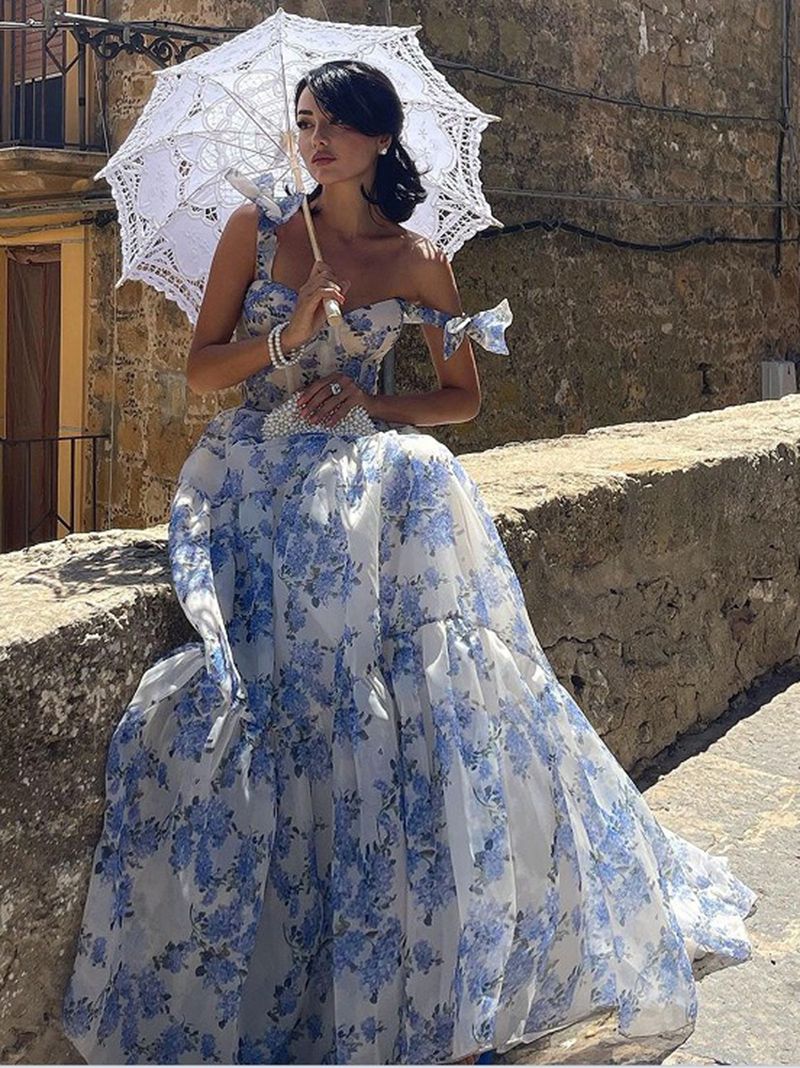 fitted lace wedding dress 1960s Chiffon Hydrangea Floral Balloon Sleeve Maxi Gown main image 1