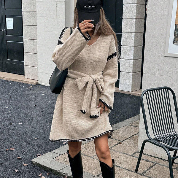 Contrast Stitched Tie Knot Knitted Long Sleeve Knit Dress