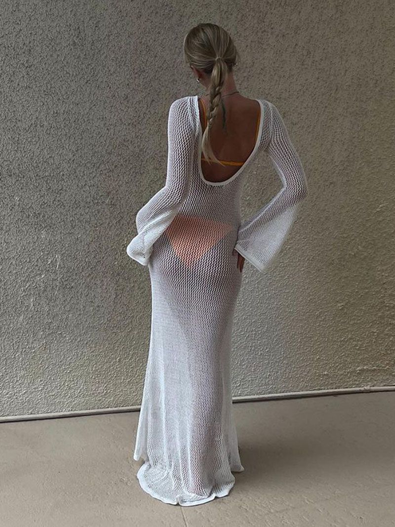 Sheer Crochet Knitted Long Swimsuit Cover Ups Maxi Beach Dress