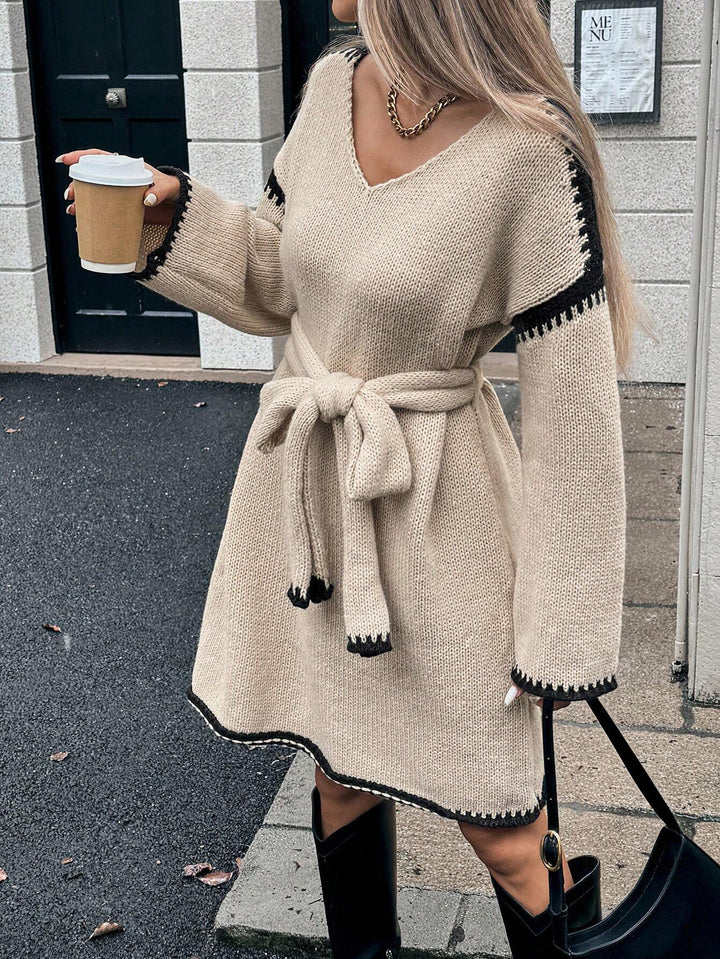 Contrast Stitched Tie Knot Knitted Long Sleeve Knit Dress sunifty Contrast Stitched Tie Knot Knitted Long Sleeve Knit Dress sunifty