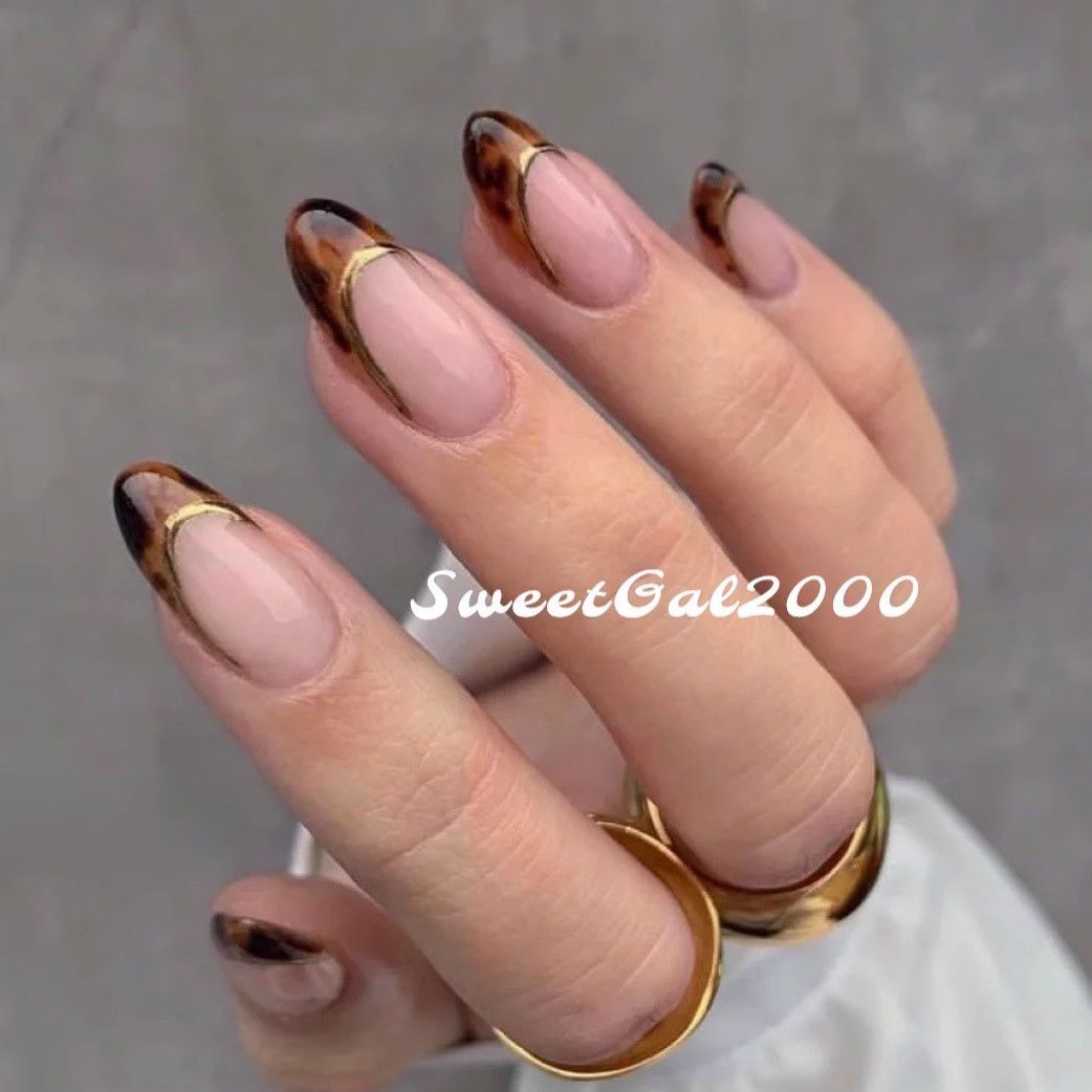 10 PCS Short Almond French Tip Acrylic Brown Marble Nails