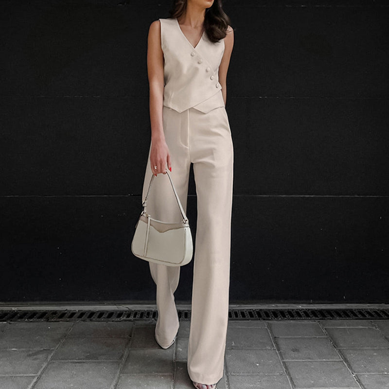 Linen Cross Button Vest Waistcoat And Pant Suit Co ord Set