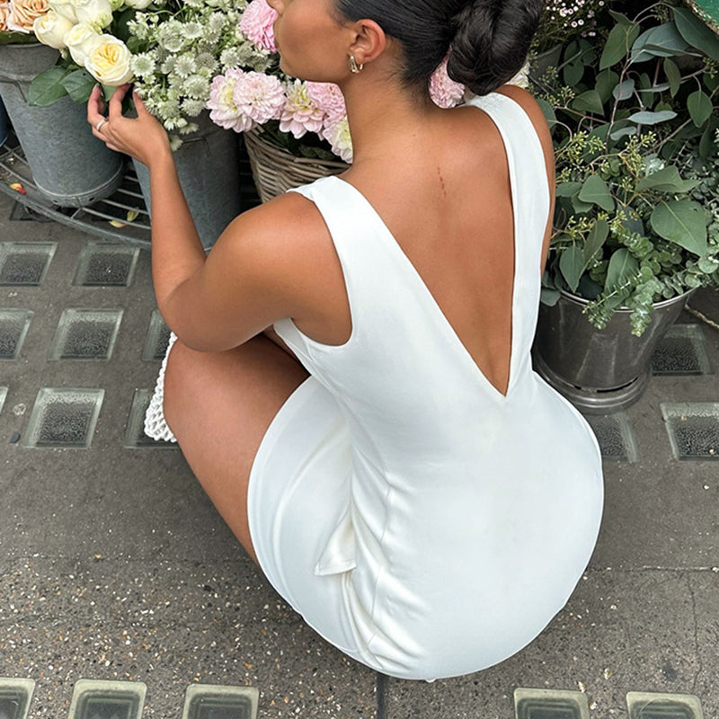 Decorative Flap Pockets V Neck Plunge White Sundress