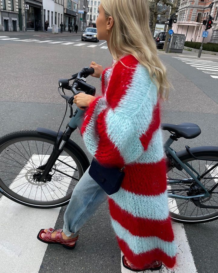 Furry Multi Stripes Chunky Knit Slouchy Long Cardigan Lantern Sleeve Coat