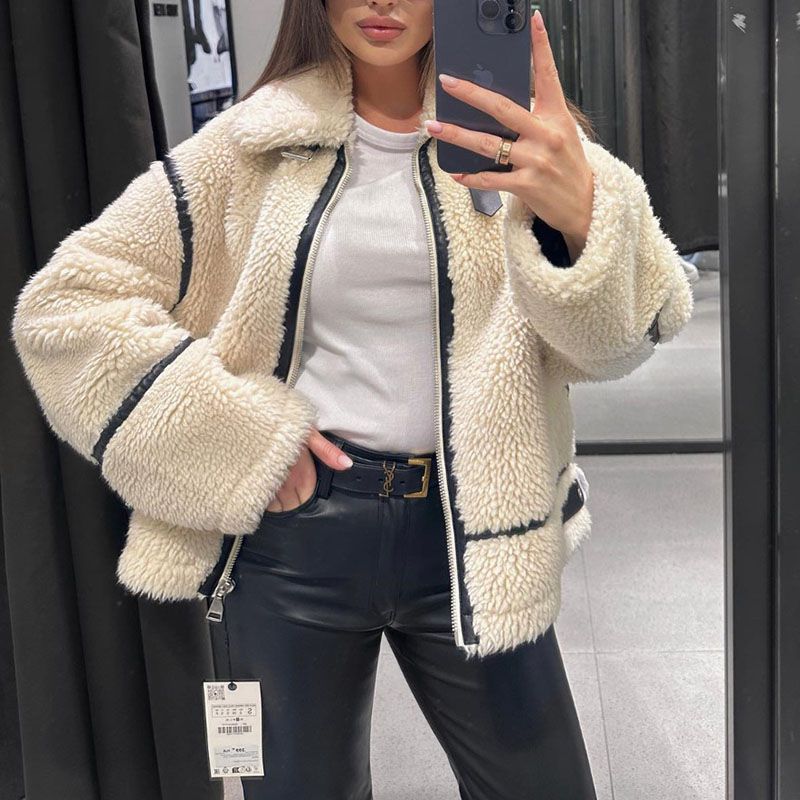 Stylish Winter Faux Fur Moto Biker Jacket With Fur Collar