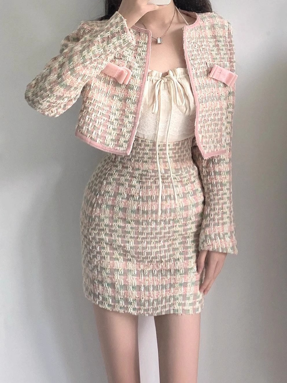 Two Piece Pastel Pink Hued Boucle Tweed Bolero Jacket And Skirt Set