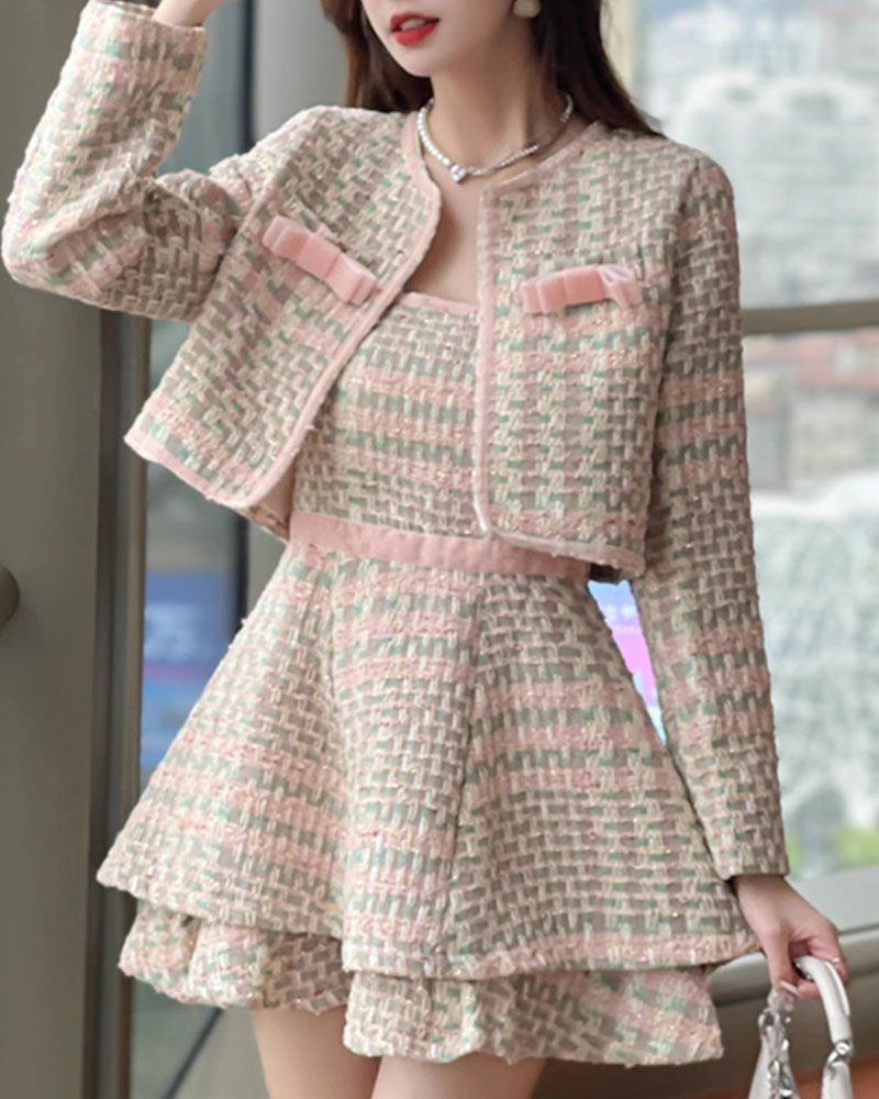 Two Piece Pastel Pink Hued Boucle Tweed Bolero Jacket And Skirt Set