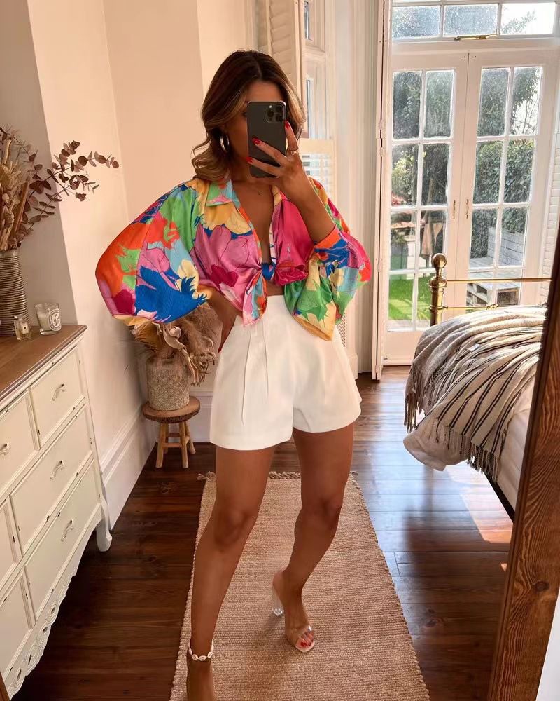 Retro 90s Multicolor Rainbow Floral Lantern Sleeve Tie Front Blouse Shirt
