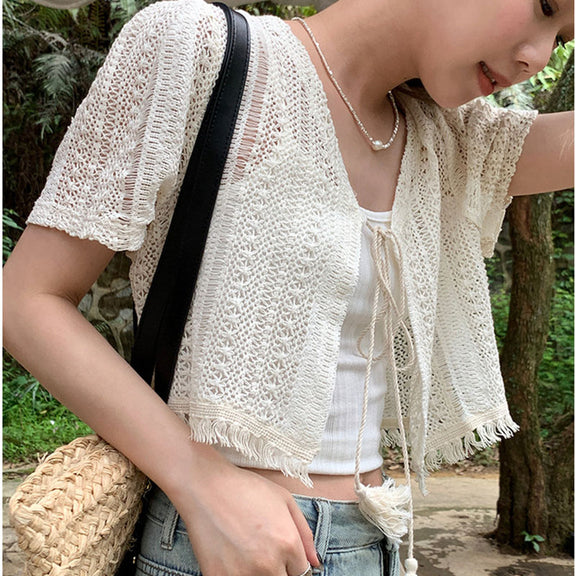 Pretty White Flare Sleeve Front Tie Ruffle Crochet Open Knit Crop Cardigan