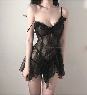 Sexy Sweet Sheer Mesh Floral Lace Ruffle Body Suit With Skirt