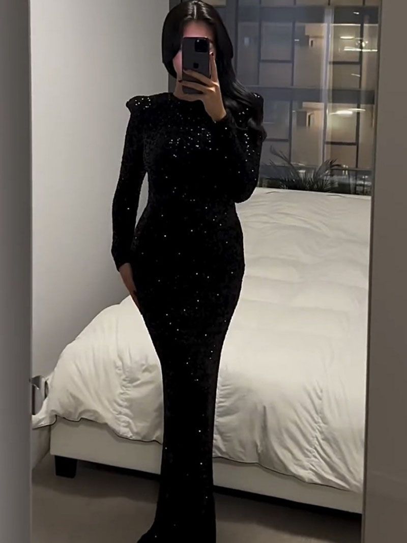 Sparkly Deep Low Back Long Sleeve Glitter Gown Dress