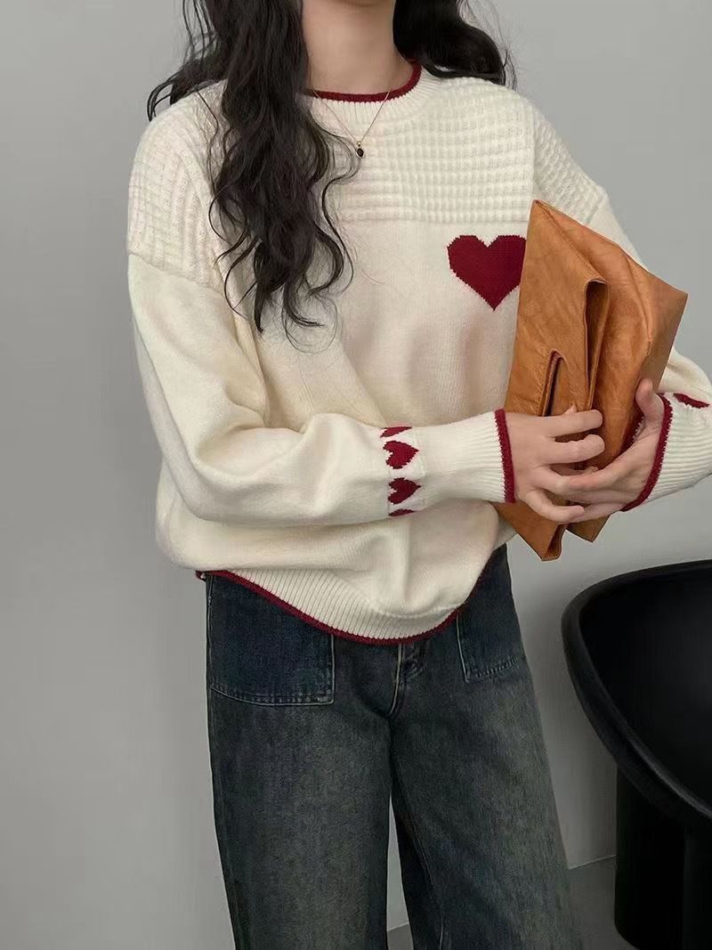 Waffle Textured Hearts Love Knit Sweater