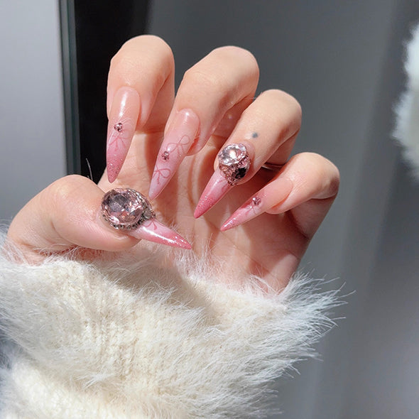 Sweet Frosted Bow Knot Crystals Pointy Almond Press Ons